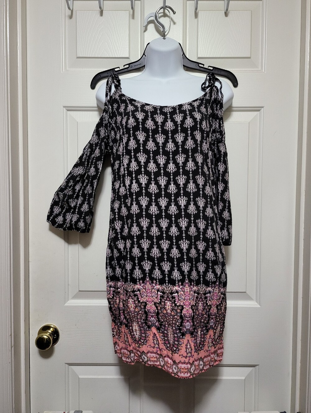Xhilaration Black Cold Shoulder Dress with Pink Border Print